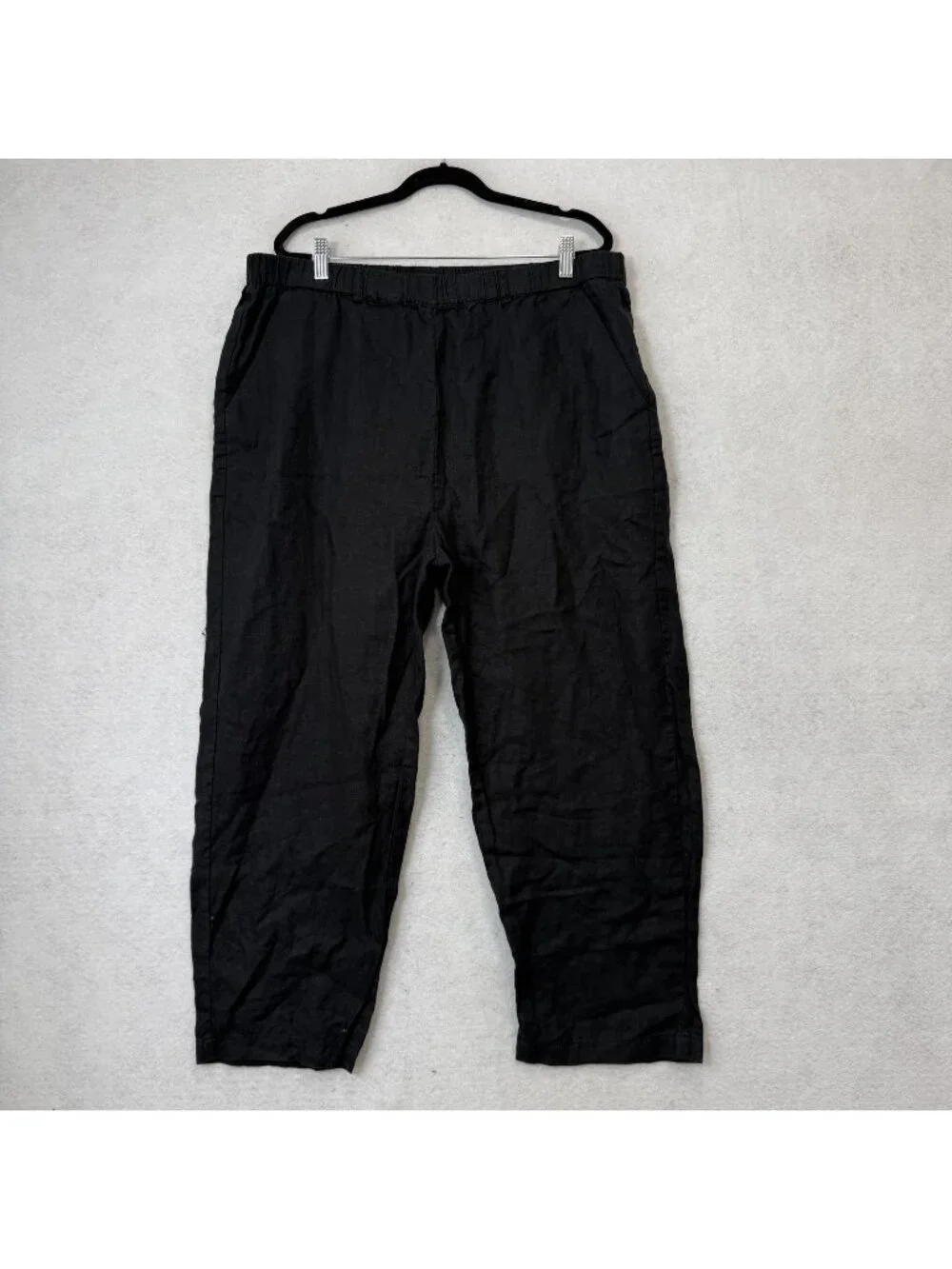 Quince Linen Pants Womens XL Black Cropped Relaxed Elastic Waist Pockets Casual